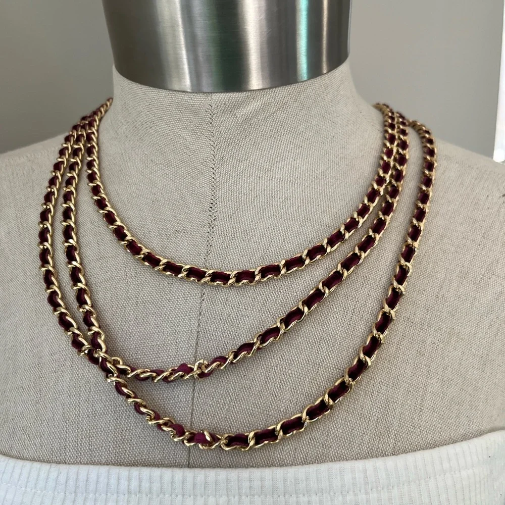 Liz Claiborne Gold and Burgundy braided velvet layered  Chain Necklace